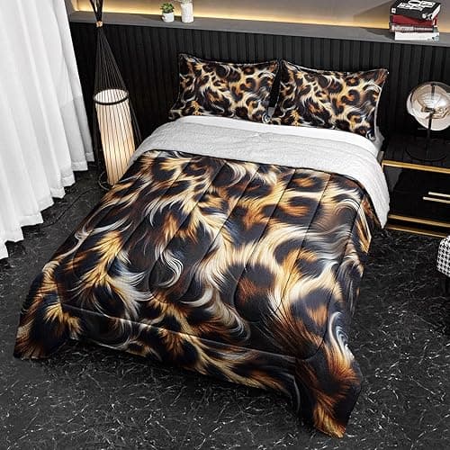 lneffble Leopard Print Queen Fluffy Sherpa Comforter Set，Animal Print Fuzzy Comforter Queen Size Brown thumbnail 4