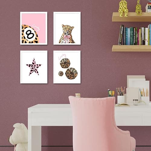 JINYO Coquette Pink Leopard Print Bow Lucky 8 Ball Dice Star Wall Art Prints Set of 4, Funky Y2K Pink Leopard Aesthetic Wall Decor Posters Pictures for Home Girls Room Apartment, 8x10 Unframed thumbnail 2