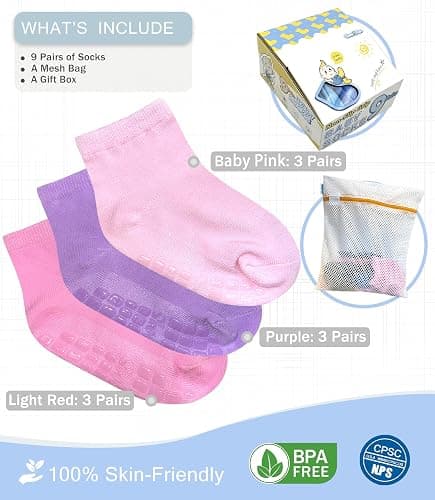 Baby Mid-Crew Socks with Grips (9 Pairs) for 0-7 Years Old Toddler Boy Girl Kids thumbnail 5