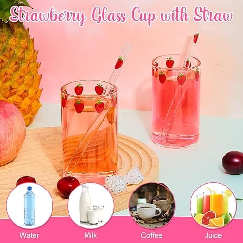 Tessco for you 2 Sets Strawberry Cups Nana Strawberry Glass Cup with Straw Glass Tumbler Drinking Cherry Clear Tumbler Berry Pattern Glasses Bottle for Juice Water Milk Coffee Tea(Lovely) thumbnail 6