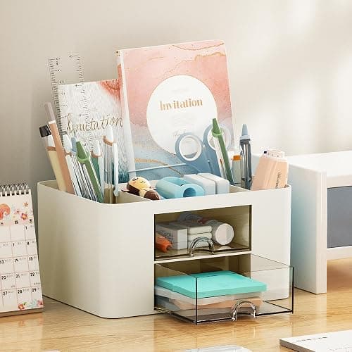 Marbrasse Plastic Pencil Holder for Desk, Pen Organizer with 2 Drawers | Desk Organizers and Accessories with 5 Compartments, Cosmetic Brush Holder for Office Art Supplies(Beige) thumbnail 2