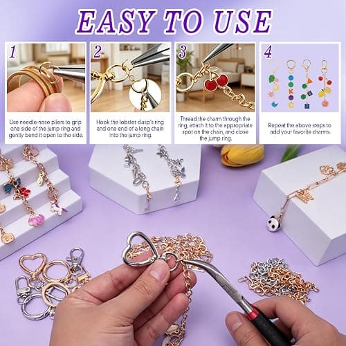 Pjordo 410Pcs Charm Lip Gloss Keychain Making Kit, Gold & Silver Keychain Kit, for Stimulate Creativity & Foster Emotional Interaction, for Girls, Teen & Boys, DIY Making Kit Suitable for Beginner thumbnail 7