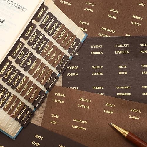Woodgrain Texture Bible Tabs, 80 Pcs Chestnut Brown Gold Foil Index Tabs with Ruler - 66 Books Chapters & 14 Blank DIY Stickers, Bible Study Journaling Supplies, Nature-Inspired Gift Set for Men Women thumbnail 6
