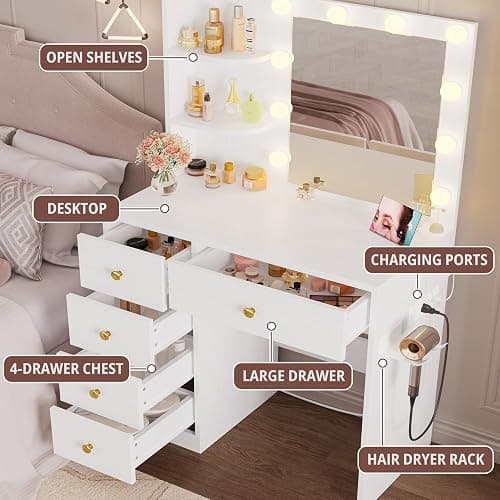 IRONCK Vanity Desk with Mirror and Lights, Small Makeup Vanity Table with 5 Drawers, Power Outlet, and Vanity Stool, 3 Lighting Colors, Dressing Table for Women Girls Bedroom, White thumbnail 5