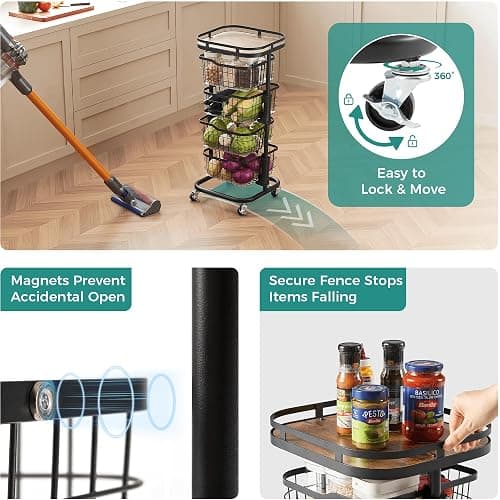 Ocyfym 4 Tier Kitchen Fruit Vegetable Storage Cart with One-Piece Rotating Basket, Pantry Organizer Shelf Rack Floor Stand for Veggie Onion Potato Produce Spice, Rolling Snack Cart on Wheels, Black thumbnail 6