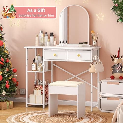 ThreeHio Vanity Desk Without Mirror, Makeup Vanity for Girls with 2 Fabric Drawers, Small Vanity Table with Iron Hook, 35 Inches Dressing Table with Storage, White thumbnail 6