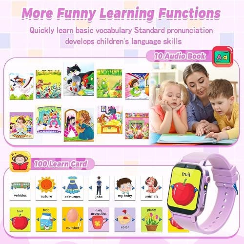 Phyulls Kids Smart Watches Girls with 32 Puzzle Games, HD Camera, Pedometer | 1.69" TouchScreen Watch for Kids, Alarm, Music, Audiobooks, Flashlight,12/24 Hr, Birthday Gifts for Girls Ages 5-12, Purple thumbnail 8