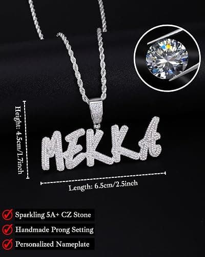 Lulu Mel Iced Out Personalized Cursive Name Necklace For Trendy Women, Custom Handmade Nameplate Pendant With Cuban Link Chain, White Gold Plated Hip Hop CZ Diamond Jewelry Gifts - Silver thumbnail 5