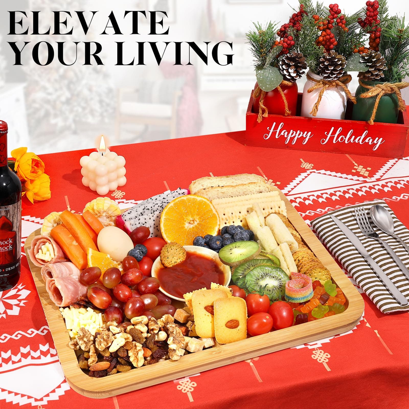 Feshory Premium Charcuterie Board with Clear Locking Lid for Appetizers & Snacks - Cheese Bamboo Board, Serving Tray Ideal for Food Lovers and Parties thumbnail 6
