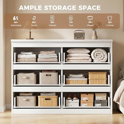 Orgobysol 6 Drawer Double Dresser for Bedroom, Modern Simply Chest of Drawers, Wood Storage Dresser with Anti-Tipping for Living Room Hallway Entryway, Nursy White (15.3" D x 47.2" W x 32.3" H) thumbnail 4
