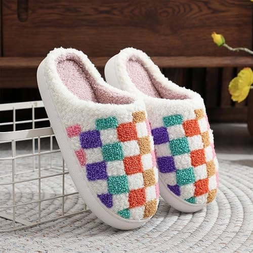 Halloween Christmas Slippers Checkered Scuff for Women and Men Holiday Indoor Bedroom Fluffy Warm Fleece Slippers Winter Soft Cozy Home Non-Slip Soft Plush Slip-on Wool Lined House Shoes thumbnail 3