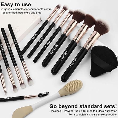 HEDIVIA Black Makeup Brushes Set 14 Pcs Professional, Premium Synthetic Foundation Makeup Brush Concealer Powder Blush Eyeshadow Brushes with 2 Powder Puff & Dual-ended Mask Applicator.Gifts for Girls thumbnail 6