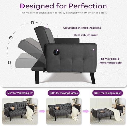 TYBOATLE 65“ Convertible Futon Sofa Bed w/ 2 USB, Upholstered Tufted Small Adjustable Folding Couch Loveseat, Modern Mid Century Sleeper Sofa for Living Room, Bedroom, Apartment, Office (Dark Grey) - Dark Grey thumbnail 4
