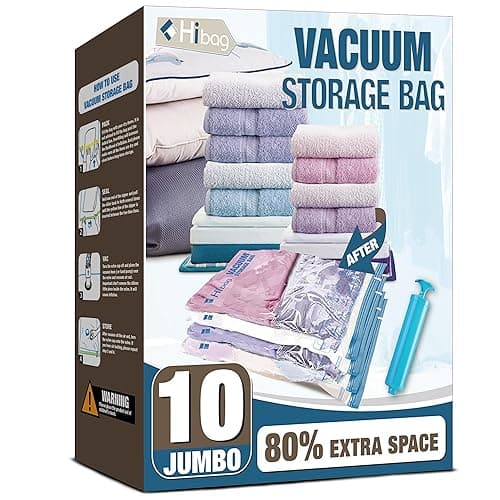 HIBAG Vacuum Storage Bags, 10 Jumbo Space Saver Vacuum Seal Bags, Space Bags, Vacuum Sealer Bags for Clothes, Comforters, Blankets, Bedding (10J) - 10-Jumbo - Image 1