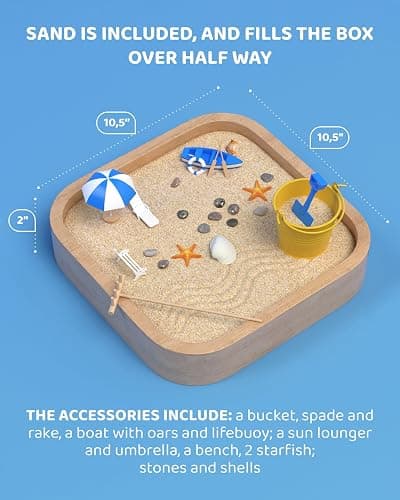 Mini Zen Garden - Beach Sandbox for Desk - Sand Tray Therapy Kit - Miniature Zen Garden Gift Set with Natural Sand, Rakes, Rocks and Accessories thumbnail 7