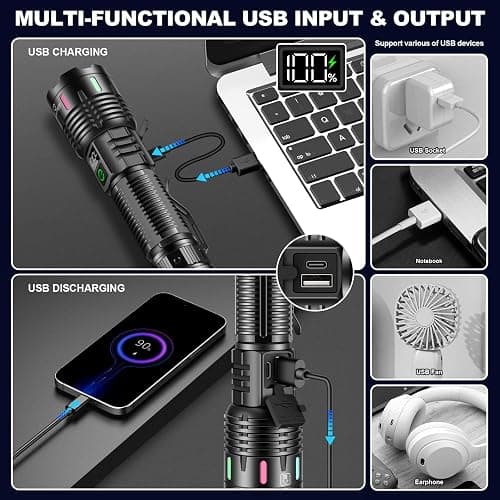 Esgreen Rechargeable Flashlights High Lumens 10000 Single 2 Modes, Super Bright LED Flashlight USB C Long Distance 3280ft, Powerful Long Lasting 10H Heavy Duty Strong Flash Light for Camping Hiking thumbnail 6