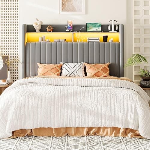 Allewie Full Size Lift Up Hydraulic Storage Bed Frame, 2-Tier Shelf Headboard with LED Lights and Charging Station, USB and Type C Ports, Wingback Velvet Headboard, No Box Spring Needed, Gray thumbnail 8