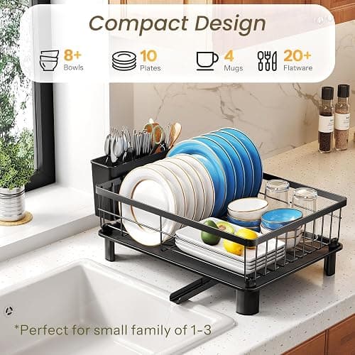 SNTD Dish Drying Rack - Small Dish Rack for Kitchen Counter, Stainless Steel Dish Drainer with Utensil Holder and Drainboard, 11" W x 15" L (Black) thumbnail 3