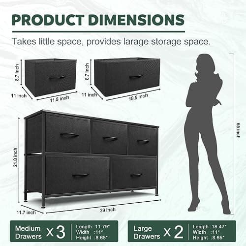 Sonharlar Dresser for Bedroom with 5 Drawers, Chest of Drawers, Storage Drawers Organizer Unit, Black Wide Fabric Dresser with Fabric Bins for Closet, Living Room, Bedroom (Charcoal Black) thumbnail 3