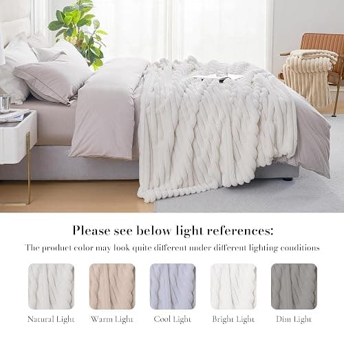 Amélie Home Faux Fur Throw Blanket for Couch, Cozy Fuzzy Fluffy Fur Luxurious Soft Striped Plush Gift Blankets for Family Sofa Chair Bedroom, 55"x70", Ivory thumbnail 6