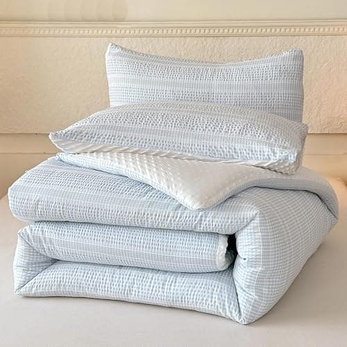 tohrisa Boho Comforter Set Full Size - 3 Pieces Lightweight Jacquard Seersucker Bedding Sets (1 Soft Fluffy Grid Comforter & 2 Pillowcases) - All Seasons Cozy Modern Bed Set(80"x90" Sky Blue) thumbnail 7