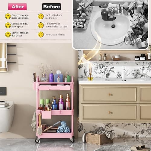 Goovilla Rolling Makeup Organizer Cart with Removable Drawer, 3 Tier Pink | Stable Floor Skincare Storage Cart for Vanity, Cosmetic Display, Nail Polish, Perfume, Hair Stuff, Beauty, Bathroom(Plastic) thumbnail 7