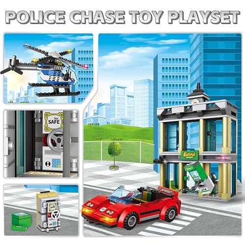 City Police Bank Building Sets, Compatible with Lego Police Bank, Includes Car, Bank, Helicopter, Police Chase Building Blocks Toy Set Gift for Kids 6 Plus Years Old（655 PCS） thumbnail 3