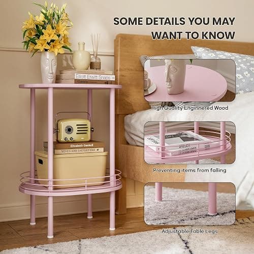 Small Modern Oval Side Table with Storage,2-Tier Side Tables Living Room,Sturdy Nightstand for Small Space - Living Room, Bedroom, Bathroom, Nursery (1PC,Pink) thumbnail 4