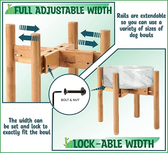 Dog Bowl Stand for Large Breed - 14-inch High, Adjustable Sideways to Fit Various Sizes of Pet Food/Water Bowls, Slow Feeders, and Drink Fountains - Bamboo thumbnail 6