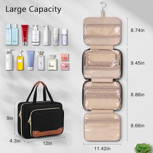 Wedama Toiletry Bag for Women, Hanging Travel Toiletry Bag with Jewelry Organizer Compartment Large Makeup Bag, PVC Waterproof Cosmetic Travel Bag for Travel Business Trips Camping Bathroom, Black thumbnail 3