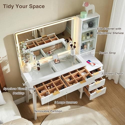 T4TREAM 48" Fluted Makeup Vanity Desk with Large 36" Mirror and Lights, Modern Glass Top Big Vanity Table with 5 Drawers & Adjustable Shelves, Dressing Table Set w/Charging Station for Bedroom, White thumbnail 4