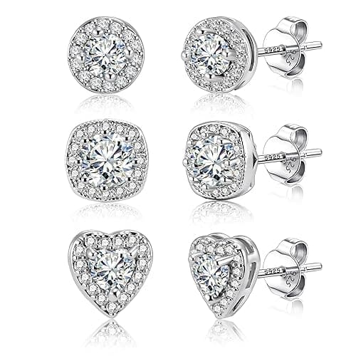 ALEXCRAFT Sterling Silver Stud Earrings for Women Girls Cubic Zirconia Halo Round Heart Square Diamond Large Silver Stud Set - 3 Pairs Halo Silver Stud Earrings thumbnail 7