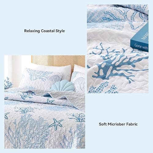weigelia Coastal Quilt Queen Size, Blue Coral Lightweight Summer Bedding | Blue Coral Coastal Design, Soft Lightweight Microfiber, Machine Washable, Beach House Bedroom Decor, 2 Pillowcases, 90''x96'' thumbnail 5