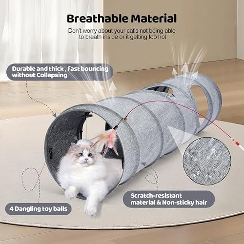 Cat Tunnel, 3 Straight Shaped Tunnels 6 DIY Shapes with Wand Toys, No Noise Scratch Resistant Cool Linen Fabric, Interactive Pet Tunnel Tube for Indoor Cats, Puppy and Rabbits thumbnail 5