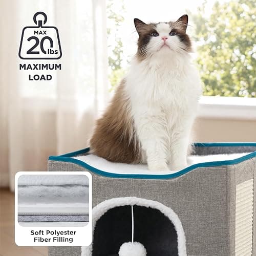 Bedsure Cat Beds for Indoor Cats - Large Cat Cave for Pet Cat House with Fluffy Ball Hanging and Scratch Pad, Foldable Cat Hideaway, 16.5x16.5x13 inches, Dark Grey thumbnail 3
