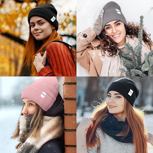 FEQO 4 Pack Satin Lined Winter Beanie Hats Soft Silk Lined Beanies | Knit Cuffed Beanies Warm Winter Beanies, Soft Knit Caps with Satin Lined Ski Hats, Cozy Cuffed Skull Caps for Men and Women thumbnail 7