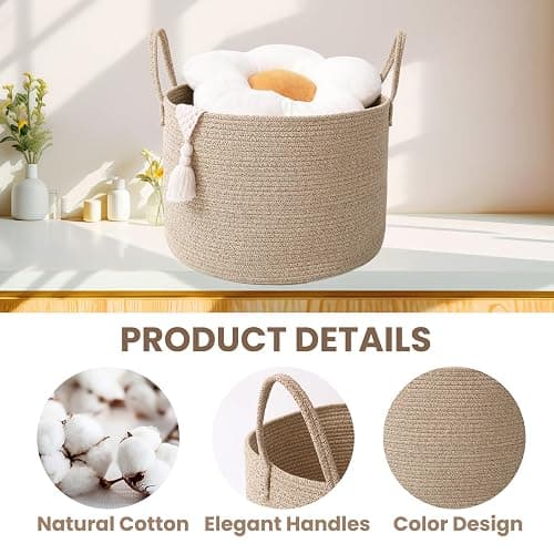 JMvicyroam Woven Blanket Basket,65L Large Rope Storage Bin with Handles, Organizer for Blankets Toys Book and Clothes, Laundry Basket for Living Room Bedroom Nursery,Oatmeal thumbnail 4