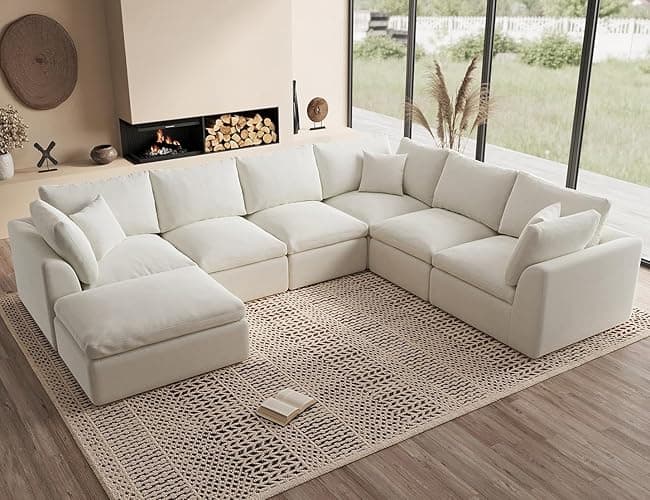 ohllob Oversized Cloud Couches for Living Room, Convertible Sectional Couch with Ottoman, 7 Seater Large Modular Sectional Sofa, Warm White - Warm White - 7 Seater