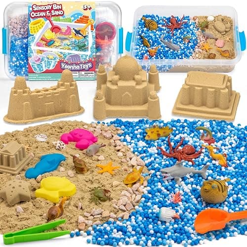 Ocean&Sand Sensory Bin with Lid, 42 Pcs Sensory Sand Kit with Sea Animals for Kids, Birthday Christmas Gifts for Boys Girls, Preschool Learning Activities Tools Box, Outdoor Sandbox Toys for Toddlers thumbnail 4