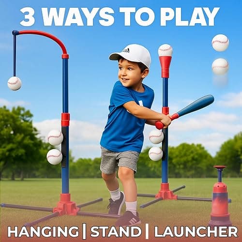 3-in-1 Baseball Set for Kids and Toddlers Ages 3-5 – Includes Tee Ball Stand, Hanging Tee, Automatic Ball Launcher, and 6 Softballs – Adjustable Height for Indoor/Outdoor Play – Sports Gift for Boys thumbnail 2