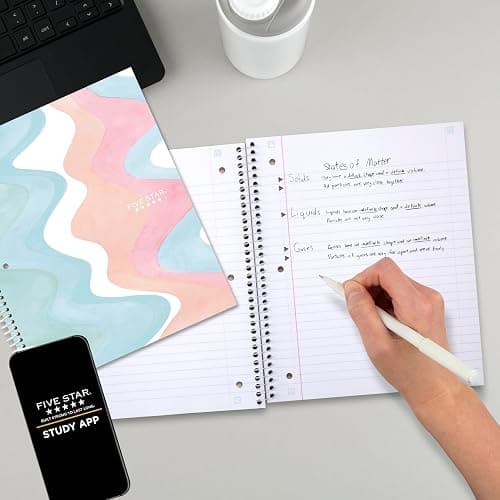 Five Star Spiral Notebook + Study App, 1 Subject, Wide Ruled, 8" x 10-1/2", 80 Sheets, Fights Ink Bleed, Water Resistant Cover, Pastel Waves (930060F) thumbnail 8