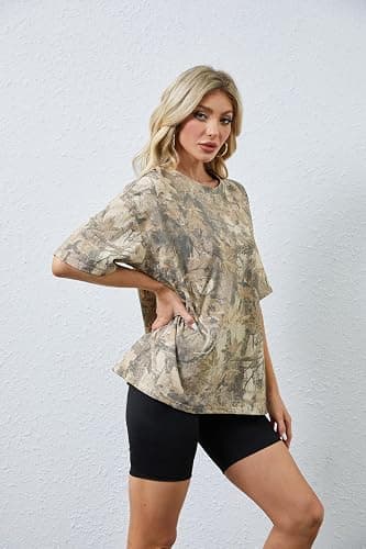 MSBESYOR Camo Shirt for Women Maple Leaf Print Short Sleeve Crewneck T-Shirts Summer Oversized Tee Shirts Streetwear thumbnail 3
