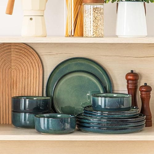 vancasso Starry 12 Pieces Dinnerware Sets for 4, Green Reactive Glaze Dishes Sets, Ceramic Plates and Bowls Set, Dinner Salad Dessert Plates, and Cereal Bowls Set, Dishwasher and Microwave Safe thumbnail 8