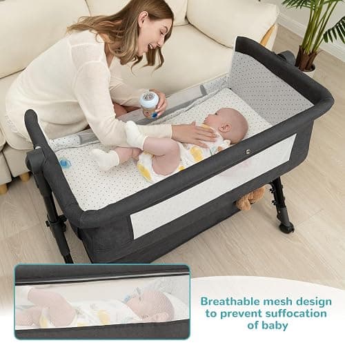 Baby Bassinet, Bedside Bassinet for Baby, 3 in 1 Bassinet Bedside Sleeper with Wheels, Mosquito Net, Adjustable Easy Folding Portable Bed for Infant Newborn (Dark Grey) thumbnail 6