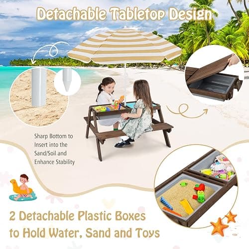 HONEY JOY Kids Picnic Table, 4 in 1 Cedar Wooden Sand & Water Table w/ 3 Removable Box & Umbrella, Kids Picnic Tables for Outdoors Backyard Garden, Toddler Patio Furniture Set for Boys Girls(Walnut) thumbnail 8