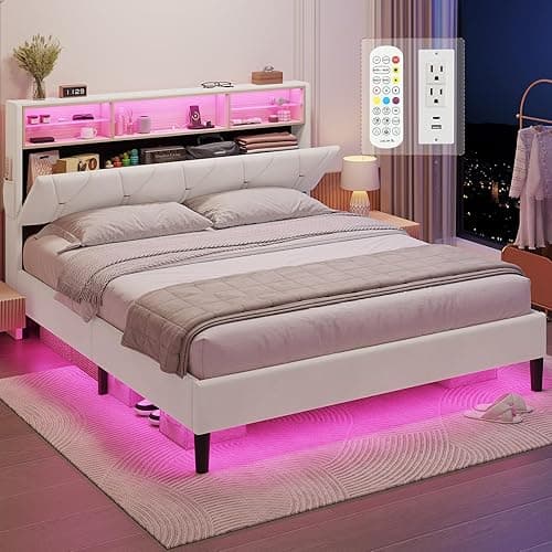 LED Full Bed Frame with Type-C & USB Charging Station, Full Size Bed Frame with Storage Headboard, Modern Velvet Upholstered Platform Bed with Shelf Headboard, Noise-Free, Creamy White - Image 1
