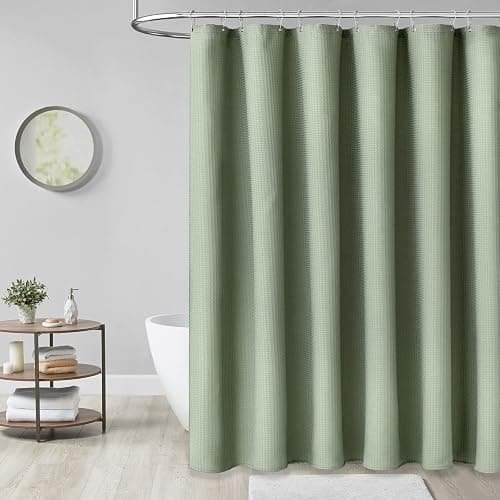 Dynamene Sage Green Shower Curtain - Waffle Textured Heavy Duty Thick Fabric Shower Curtains for Bathroom, 256GSM Luxury Weighted Polyester Cloth Bath Curtain Set with 12 Plastic Hooks，72Wx72H,Green thumbnail 7