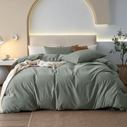 JIYUAN Queen Size Duvet Cover Set, 3-Piece - 100% Washed Cotton, Linen-Like Soft & Breathable with Zipper Closure, Includes 90x90 Inch Cover & 2 Pillowcases, Heathered Green - Image 1