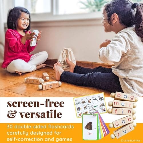 LITTLE BUD KIDS Spin-and-Read Montessori Phonetic Reading Blocks with CVC Phonics Flashcards for Beginner Readers, Montessori Reading Wooden Toys for 3 Years + thumbnail 6