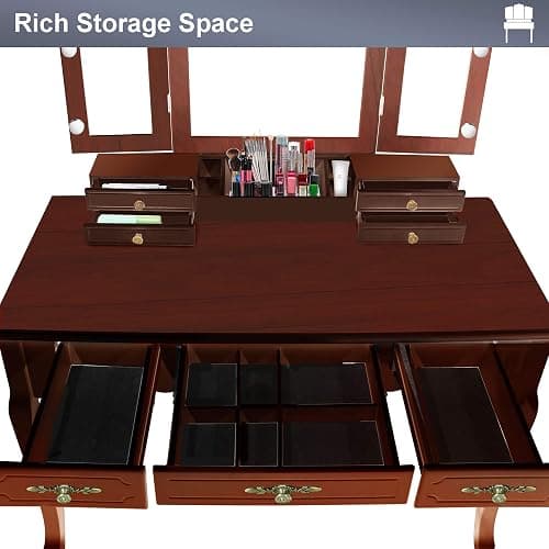 ENSTVER Vintage Vanity Desk with Mirror and Lights, Tri-Folding Mirrors, 6 Organization 7 Drawers Makeup Dress Vanity Table with Cushioned Stool-Espresso thumbnail 5